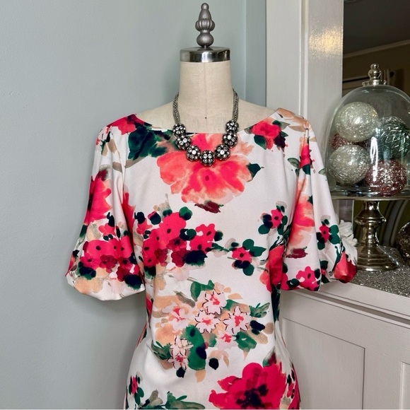 Eliza J Pink Floral Scuba Sheath Dress with Puffy Sleeves Size 6 - Picture 3 of 9